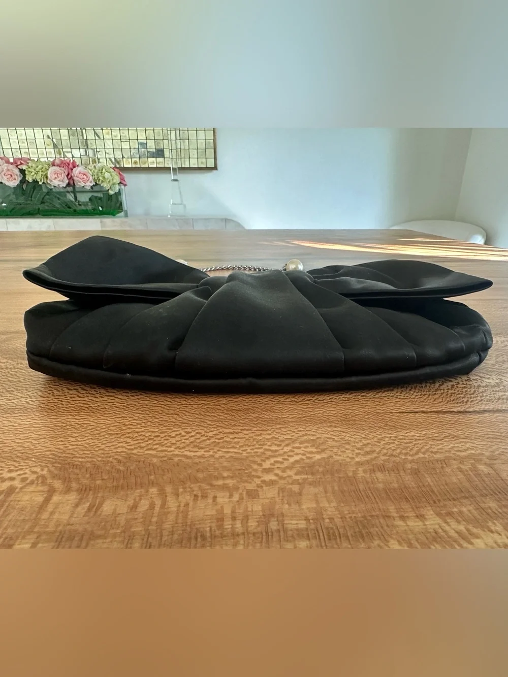 White House Black Market Black Bow-Front Evening Shoulder Bag with Pearl Chain